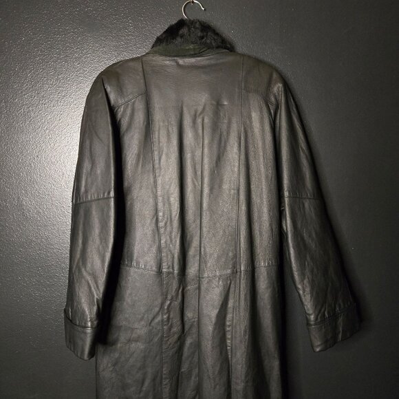 Vintage Women's M Black Leather Faux Fur Long Coat Trench Overcoat Classic Style - Picture 7 of 13